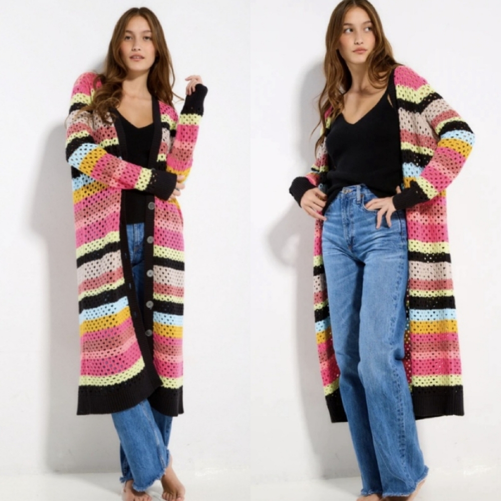 NWOT Lisa Todd Stripe Out Duster Rainbow Crochet Small